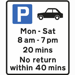 Free parking for cars only between Monday and Saturday, between 8am and 7pm and for a maximum of 20 minutes sign